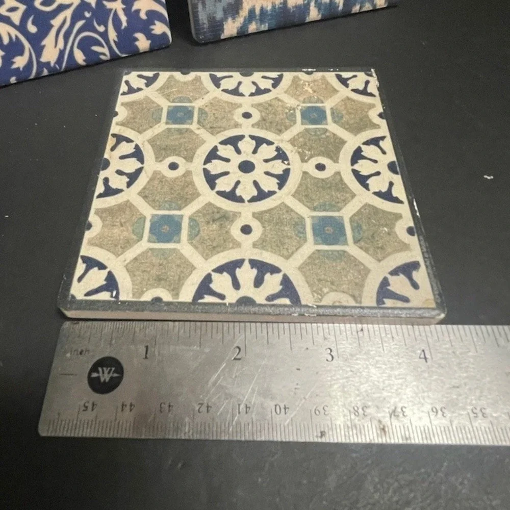 Set‎ of 3 Ceramic Tile Coasters Blue Ikat Damask Mediterranean Cork Back 4x4